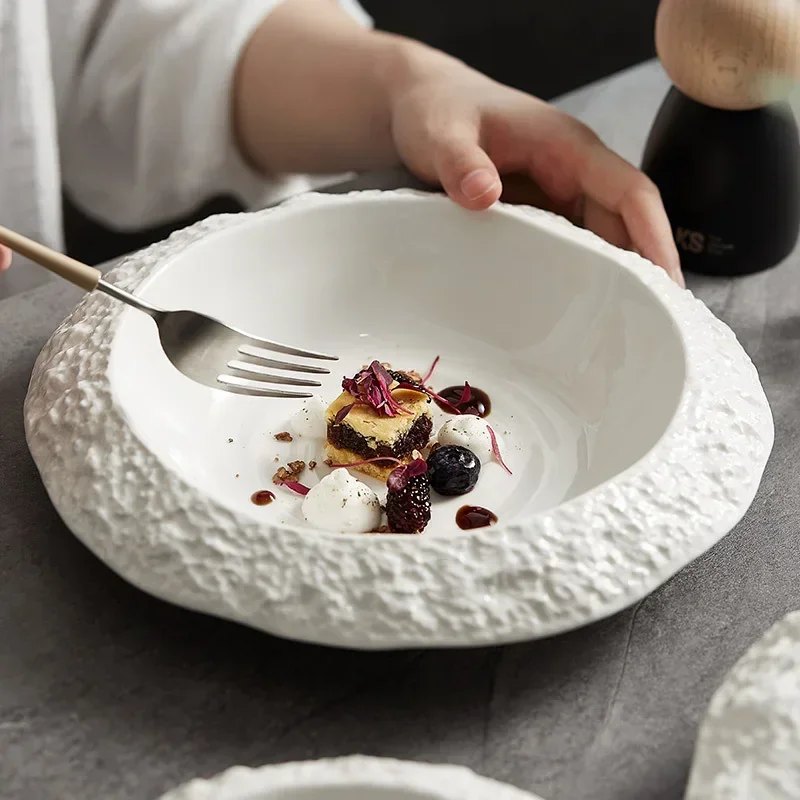 Rock Patternceramic Plats White Dinner Plate High-grade Tableware Household Deep Plate Soup Plate Dish Creative Hotel Restaurant