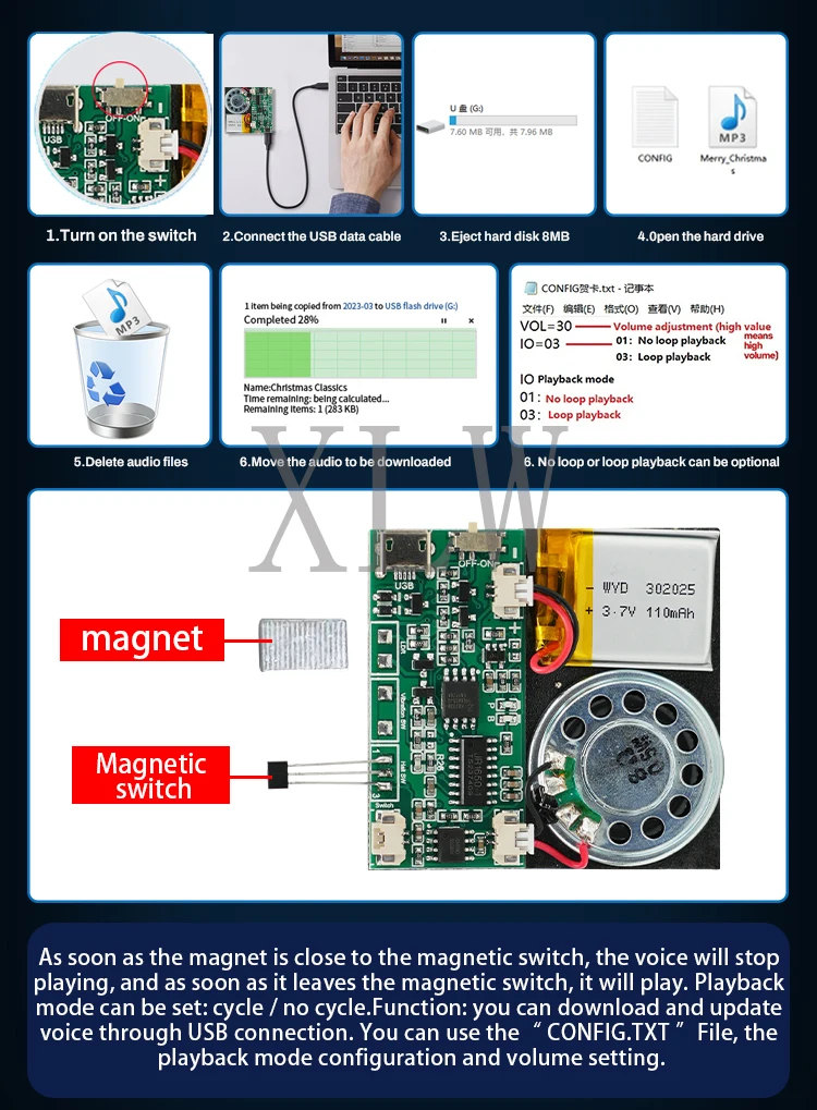 8MB Magnet Sensor Sound Module Chip USB Downloadable & Recordable & Rechargeable with MP3 Audio Playback for Xmas Greeting Card