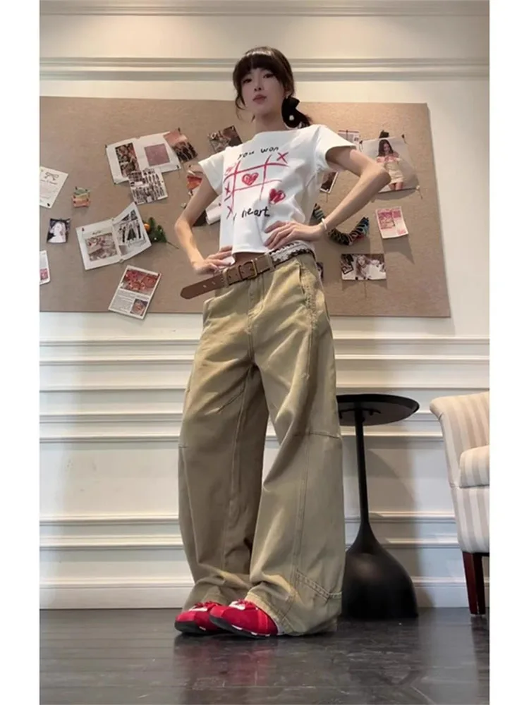 

Широкие повседневные джинсы с высокой талией и широкими штанинами в американском стиле ретро цвета хаки, рабочая одежда сбоку, брюки Vibe Sle, брюки длиной до пола