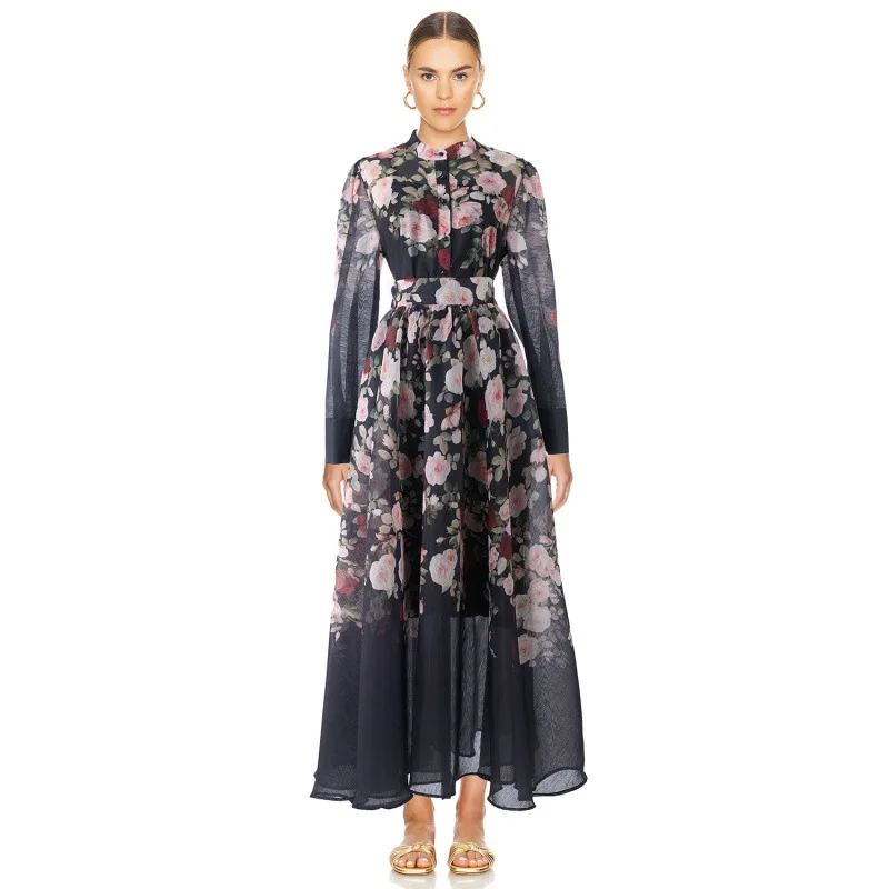 Nuovo set gonna lunga con stampa paisley a vita alta Street Sle Coppia Dr Camel Tessuto per capelli Motivo floreale Dettaglio bottoni