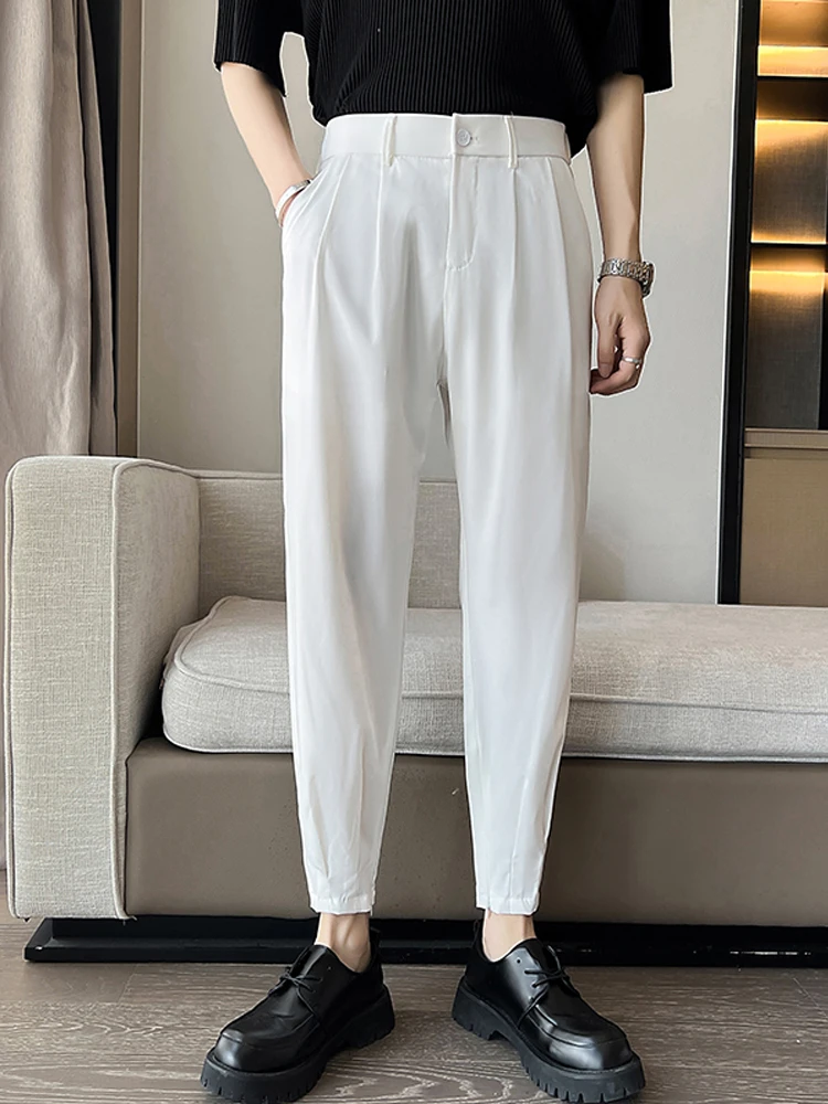 

White Summer Thin Ice Silk Casual Pants Men's Nine Points Trendy Brand Faionable All-Match Harajuku Sle Loose Fit Trousers