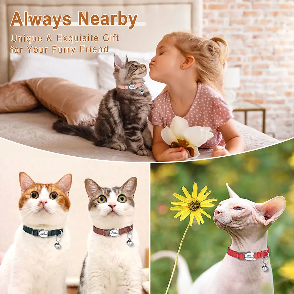 PU Leather Personalized Cat Collar Quick-Release Cats Collars Necklace Free Engraved Pet ID Name Collars Adjustable for Cats