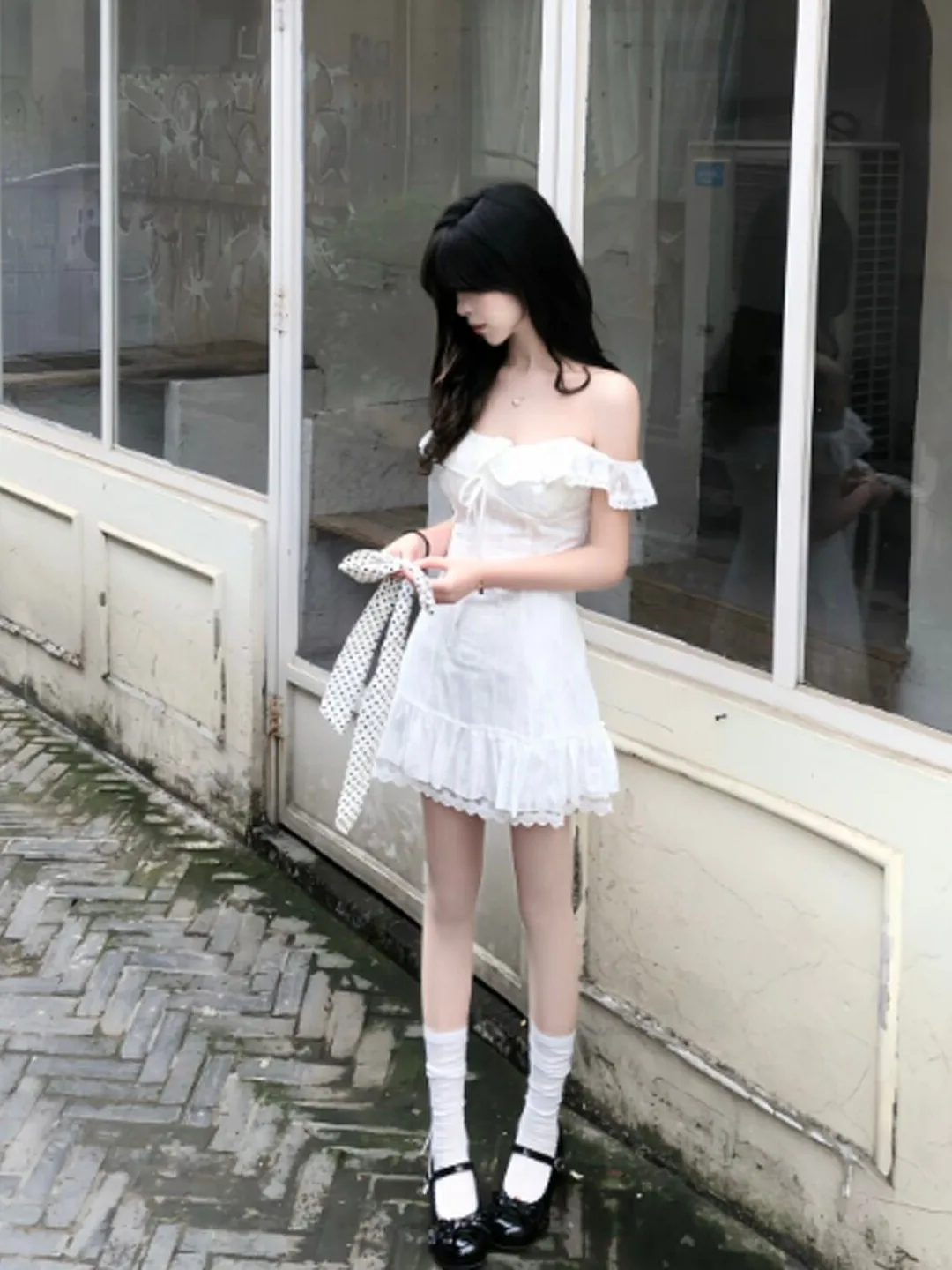 

Sweet Fitted White Dress Charming Shoulder Bows Waist Cinching Gentle Style Summer Dress for Women Girls City Commuting