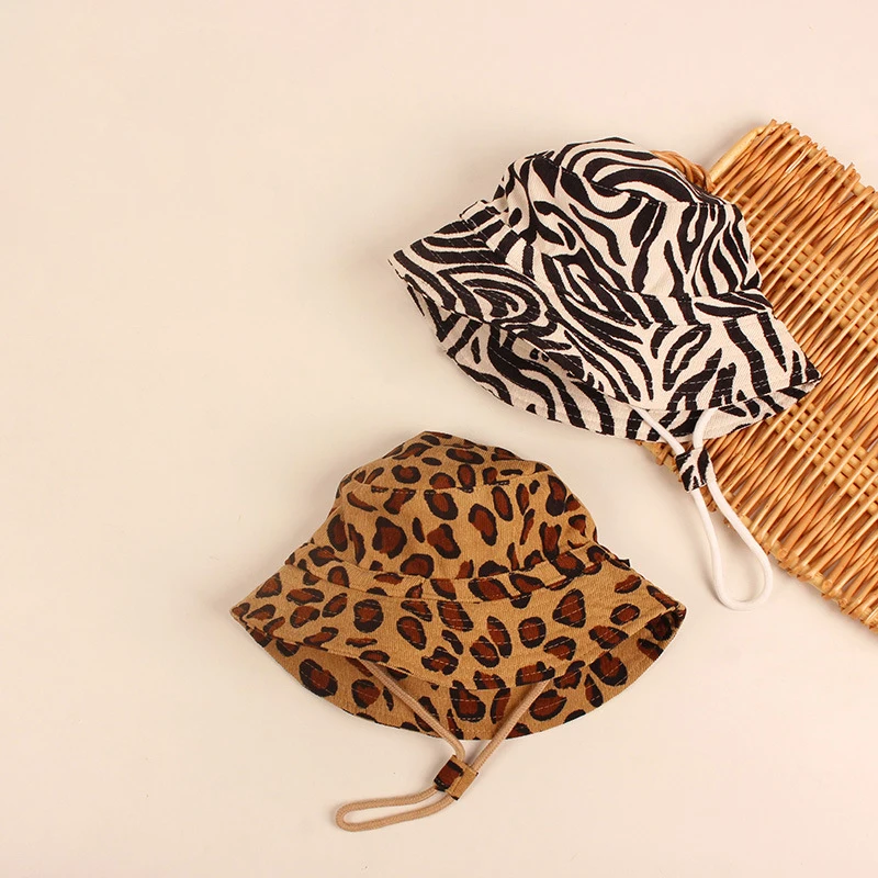 Fashion Leopard Baby Bucket Hat Summer Big Brim Kids Sun Hats Adjustable Drawstring Beach Cap Panama Sun Protection Caps