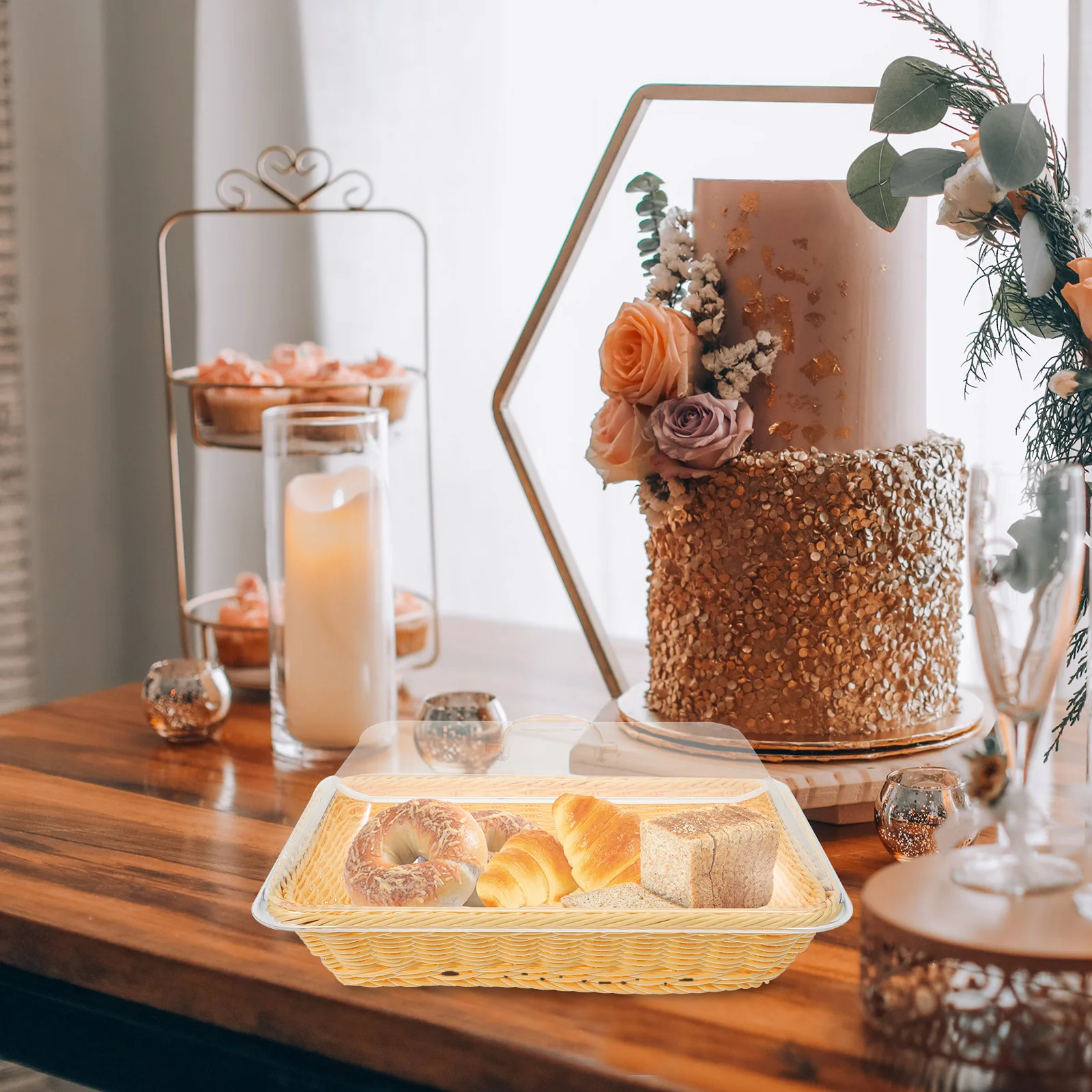 

Rattan Bread Basket 35x25x15cm Food Serving Tray Transparent Lid Home Office Storage Baskets Weaving Holder Fruit Container