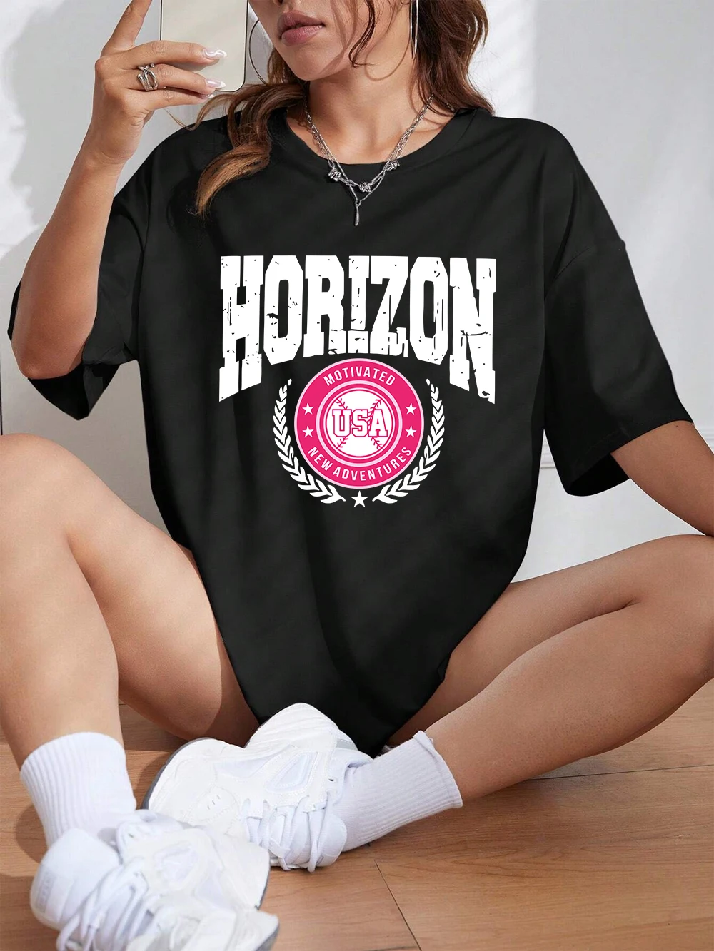 

Футболки с принтами Horizon City, США, новые приключения, женские летние хлопковые топы, свободные мягкие удобные футболки с круглым вырезом, повседневная одежда