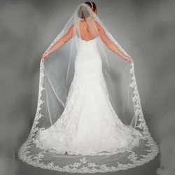 White Ivory Lace Appliques Tulle Long Cathedral Wedding Veils Lace Edge 1T Bridal Veils 3 Meters Veu De Noiva