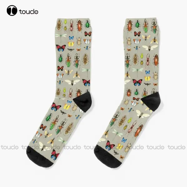 The Usual Suspects - Insects On Grey - Watercolour Bugs Pattern By Cecca Designs Socks Brown Socks Unisex Adult Teen Youth Socks