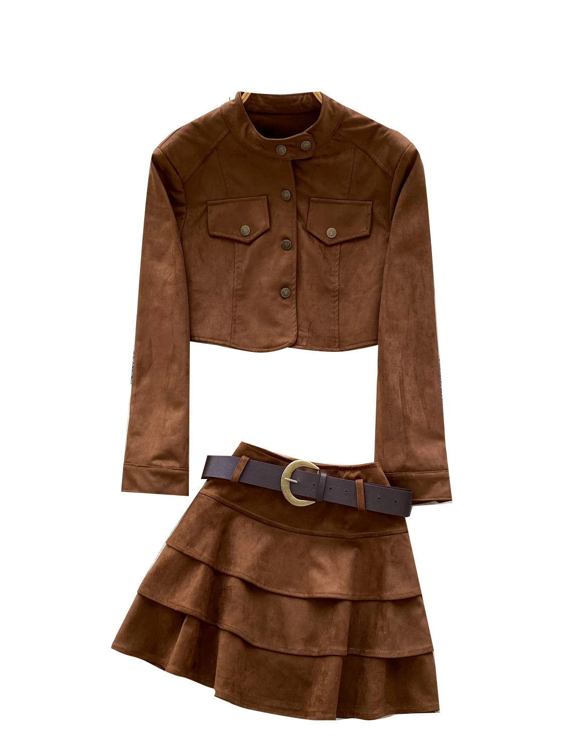 Fashionable Short Sleeveless Women's Jacket with Ruffle Skirt Set Brown Deer Leather Velvet Autumn Winter Outfit High Waist