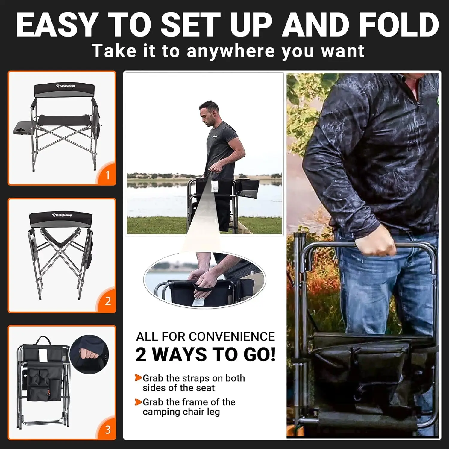 كرسي تخييم مباشر مكون من قطعتين مع مقاعد محمولة مبطنة قابلة للطي، باللون الأسود