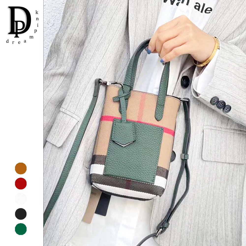 Luxury Plaid Canvas Women Bag Versatile Genuine Leather Top Handle Female Phone Clutch Purse Fashion Small Lady Shoulder Handbag