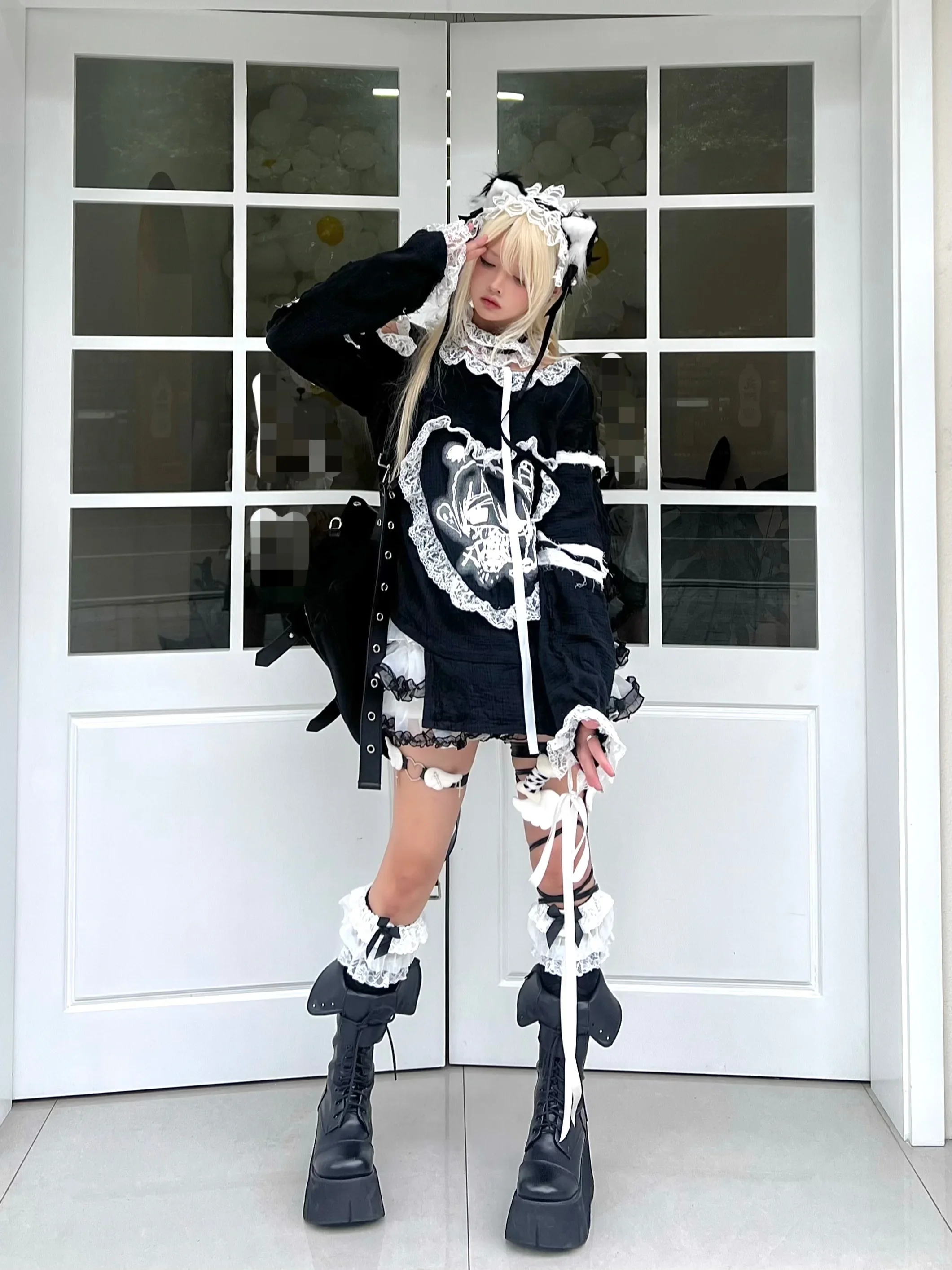 IMU Design Subculture Y2k Anime Print Long Sleeve Tshirt Lace Patch Off Shoulder Cute Kawaii Japanese Loose Sashes Black Shirts