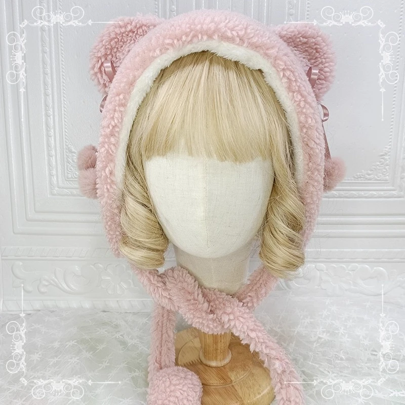 Original Cute Bear Ears Lamb Plush Hat Warm Weaving Japanese Girl Heart Parent Child JK Lolita Student Hat