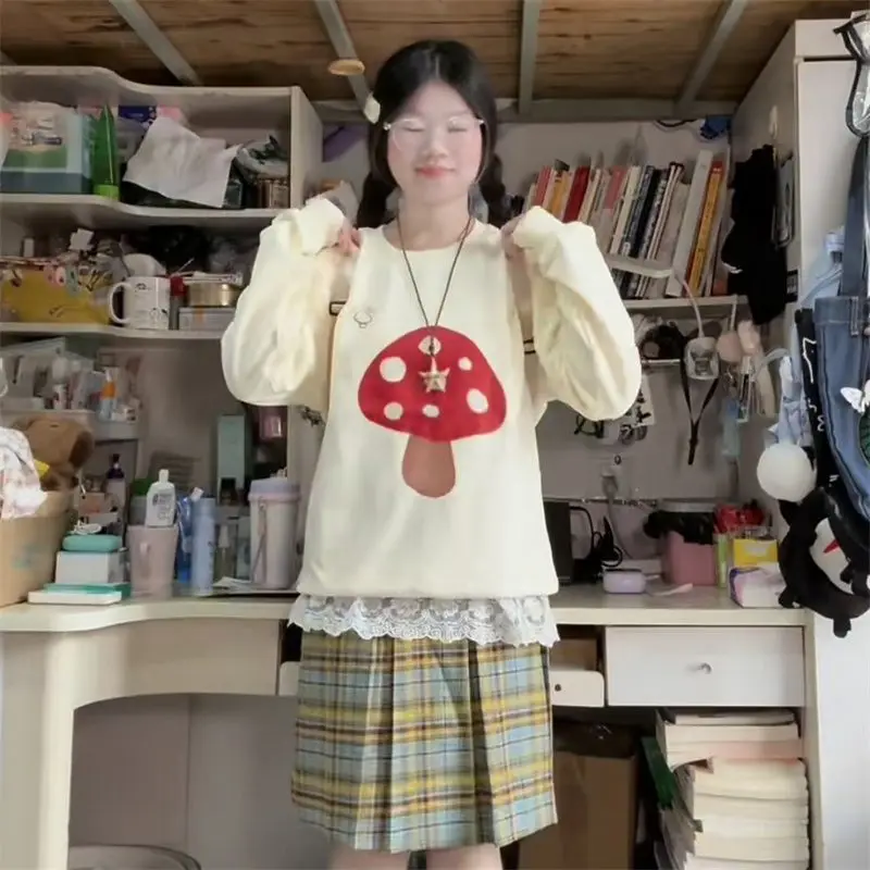 Sudaderas con estampado de setas de dibujos animados americanos, blusa holgada de manga larga de albaricoque, estilo pijo coreano, deportes de ocio para chicas jóvenes