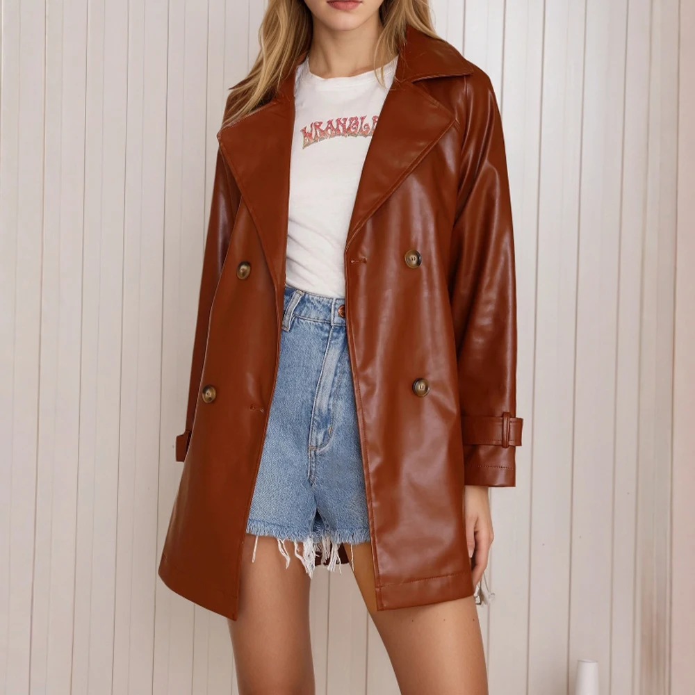 패셔너블한 브라운 가죽 재킷 여성용 중간 길이 아우터웨어 가을 신상 해양 디자인 감각
