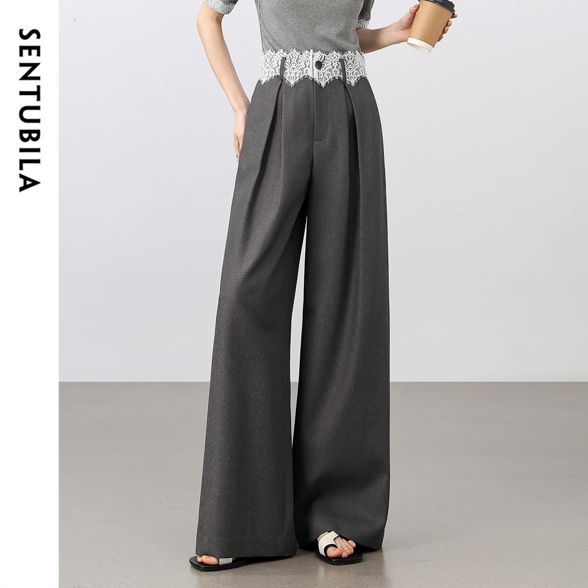 

SENTUBILA Lace Waist Women Pants 2025 Fashion Office Lady Wide Leg Pant Business Work Wear Grey Female Trousers 152K80394