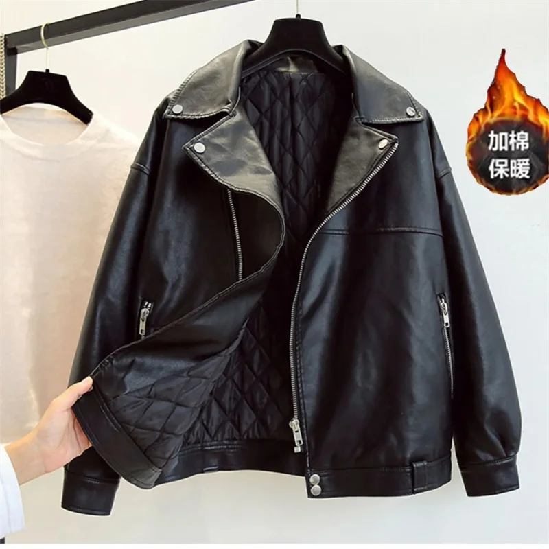 Winter Female Lapel Faux Leather Outwear Autumn Lady Long Sleeves Leather Jacket American Women Patchwork Loose PU Leather Coat