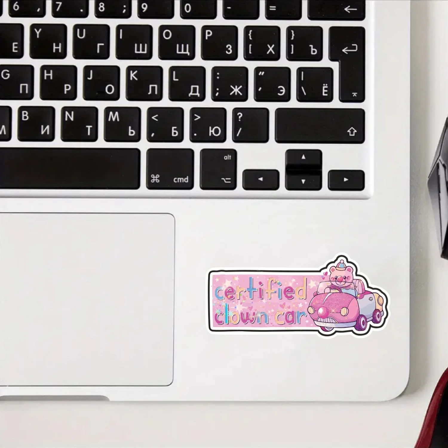 1PC Certified Clown Bear Driving Pink Car Holographic Vinyl Sticker, Waterproof Decal for Car Window Laptop Water Bottle Helmet