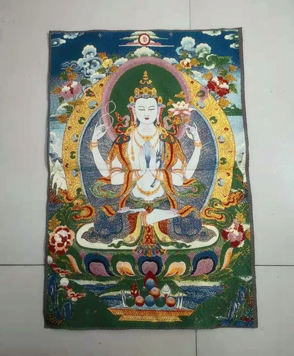 Chinese Folk Silk embroidery Green Tara Mahayana Buddhism Thangka Painting Mural 24 inch,36inch