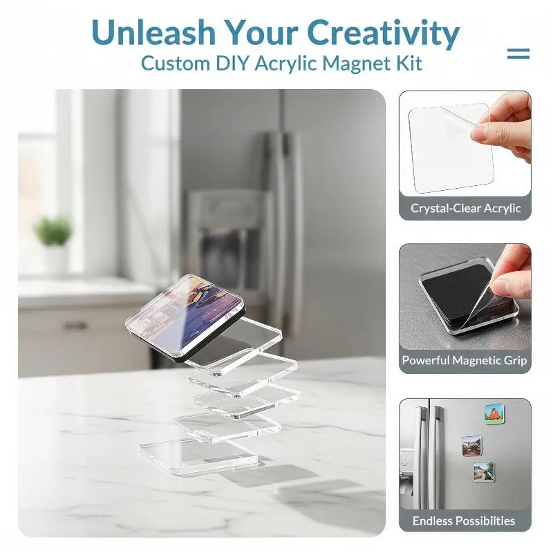 5Sets DIY Transparent Acrylic Magnet Set Square Round Fridge Magnets For Photos Home Decor Kids Crafts