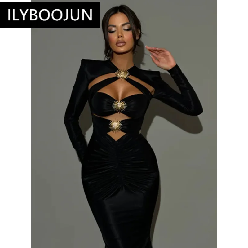 Robe de Soirée Sexy à Manches sulfpour Femme, Tenue avec Découpe, Décoration de Soleil, Noir, Maxi, Batterie, Bandage, Marque, 2024