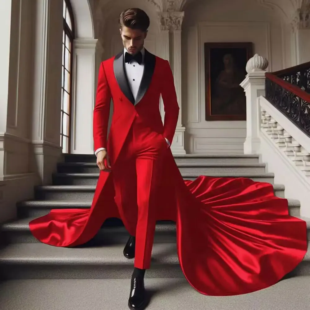 

Red Gown Wedding Tuxedos With Black Lapel Formal Business Banquet Prom Blazer Long Train Tailored Made Men's Suits 2025