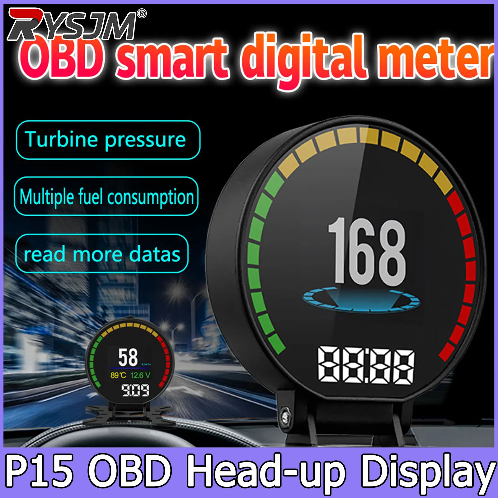 

P15 OBD2 HUD-дисплей на лобовое стекло: умный цифровой измеритель скорости, напряжения, температуры масла и воды, частоты вращения двигателя (PRM) для автомобиля, Plug and Play
