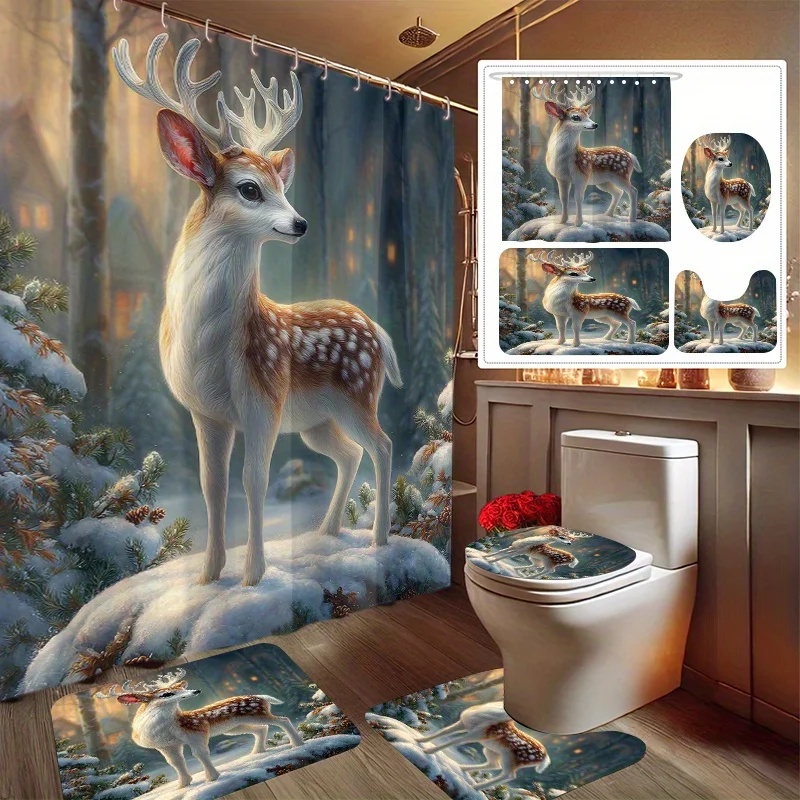 

4pcs Snow Forest Deer Print Bathroom Set, Includes Shower Curtain, Non-Slip Mat, Toilet Lid Cover, and 12 Plastic Hooks, Perfe