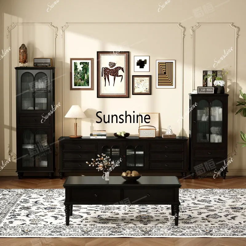 

YAmerican all-solid wood coffee table TV cabinet combination retro, living room pure solid wood small apartment