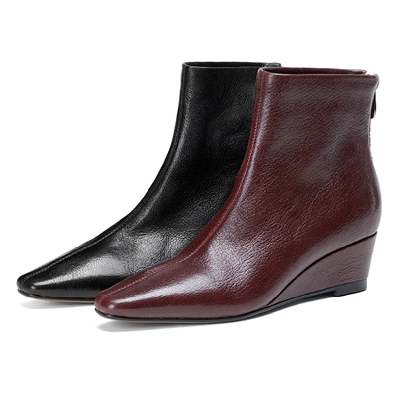 

Women Ankle Boots Shoes Fashion Genuine Leather Wedge Heels 5cm The Artisan Collection Women's Leather Shoes Black Wine RedQY3