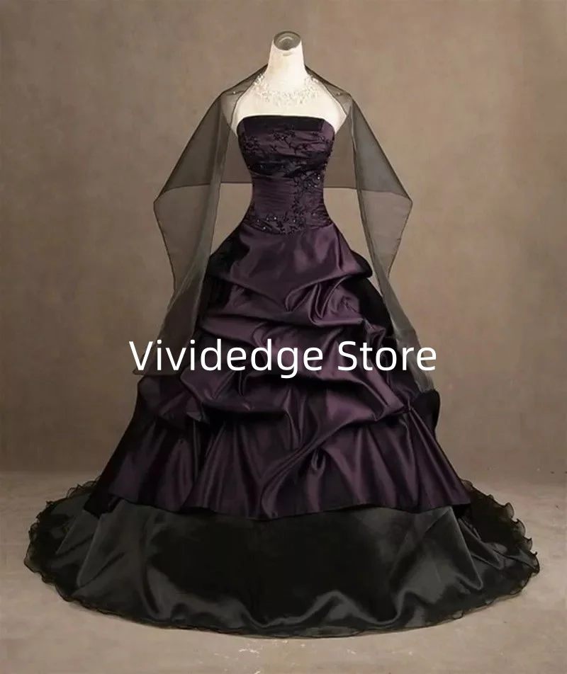 Customized Gothic Black and Purple Wedding Dresses Off Shoulder Ruffles Satin Bridal Gowns vestidos de novia de talla grande