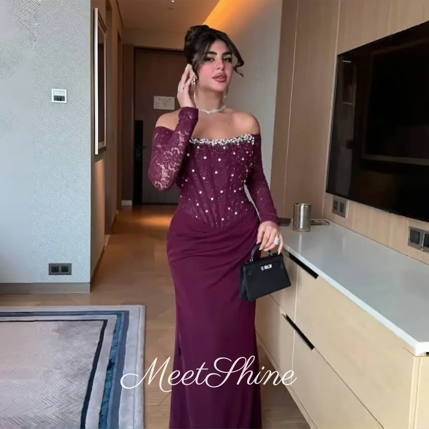 

Purple Crystal Prom Dress Woman Beads Off Shoulder Lace Evening Gowns Long Sleeves Elegant Wedding Dress 2025 Customized