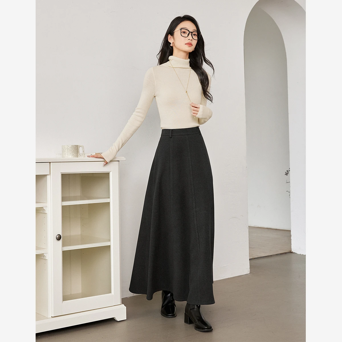 VIMLY femmes épais laine a-ligne gris jupes bureau dame hiver 2025 décontracté ourlet fendu Midi femme jupe femme vêtements M9136