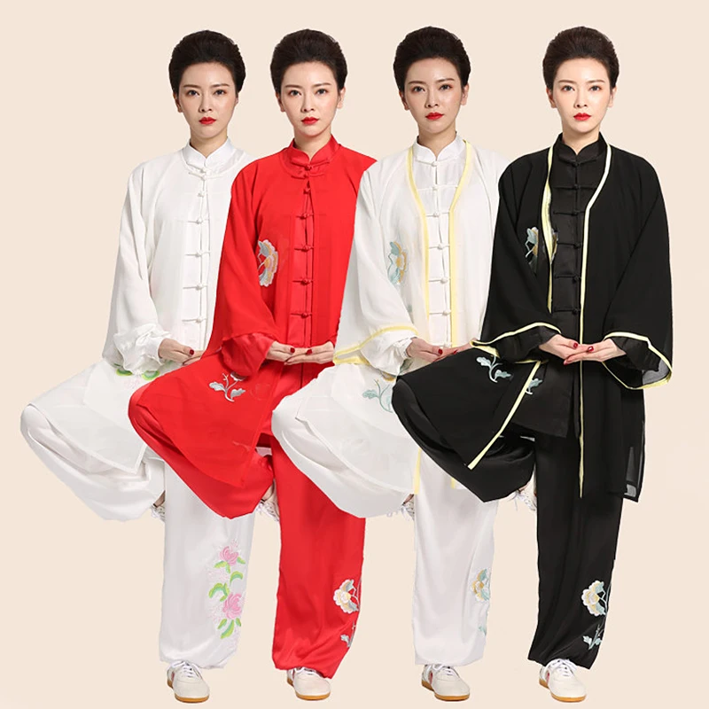 Women's Unisex Tai Chi Suit 100% Silk Embroidered Floral Spring/Summer Performance & Competition Wear