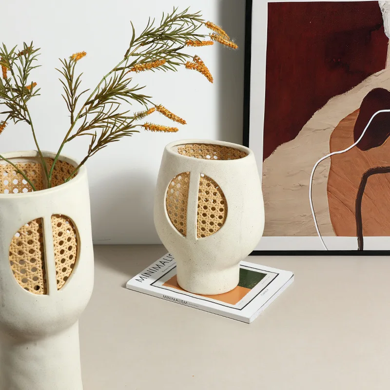 Modern Wabi Sabi Imitation Rattan Weave Ceramic Vase Art Flower Villa Club Living Room Entryway High End Home Decor Ornament