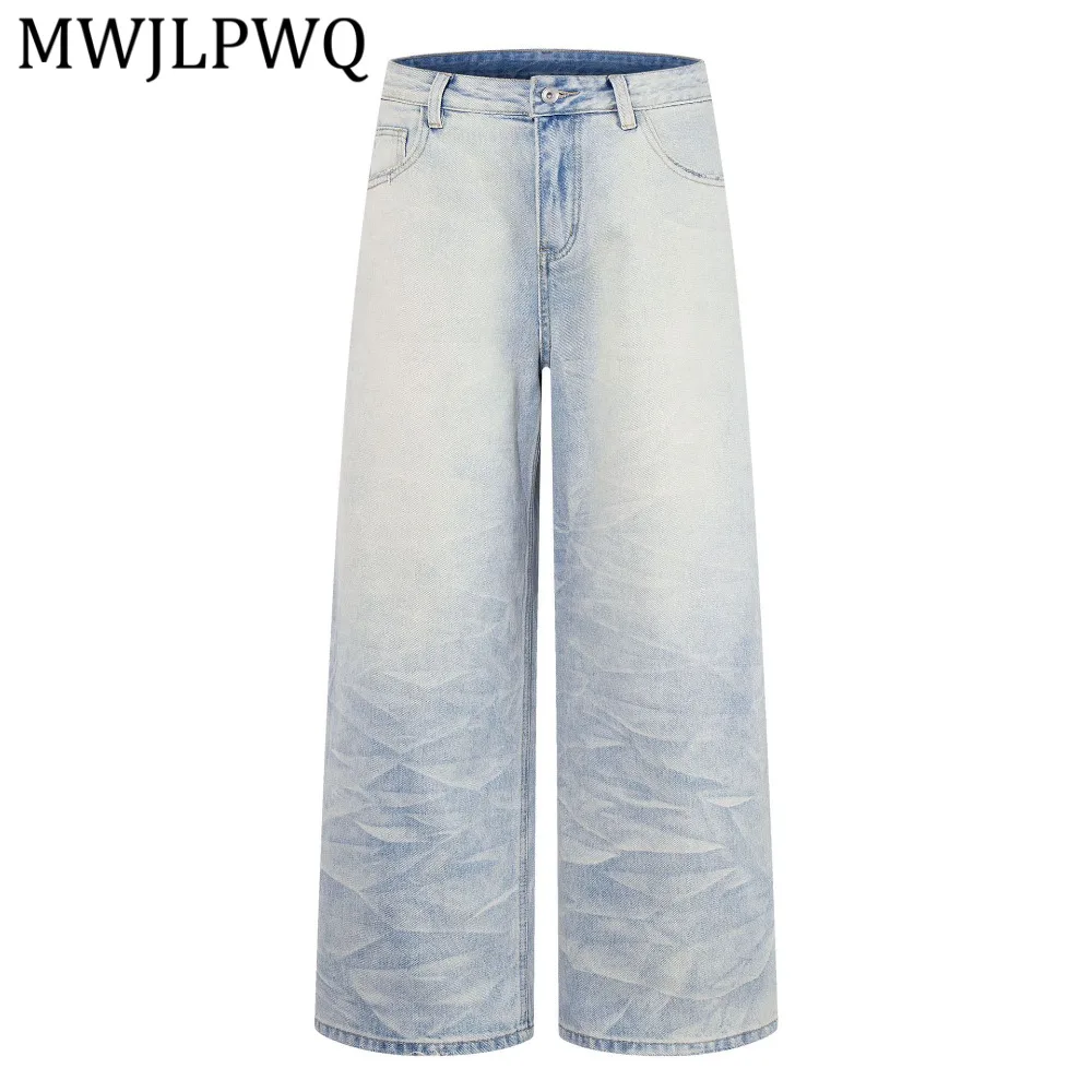 

MWJLPWQ Spring Autumn New American Style Washed Jeans Men High Street Personality Design Loose Unisex Wide Leg Denim Pants 15337