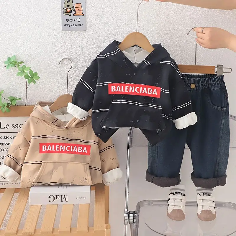 

Толстовки для мальчиков, комплекты одежды, осенне-зимние детские толстые бархатные толстовки, пальто, джинсовые штаны, теплый костюм из 2 предметов, детский спортивный костюм для детей