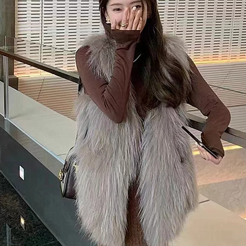 2024 Haining fur encryption raccoon fur double-sided woven fur vest women's mid length young tank top coat