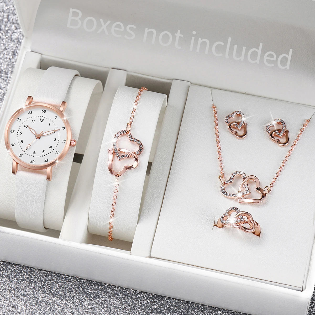 5PCS/Set Fashion Women Watches Rhinestone Heart Jewelry Set Female Small Dial Casual Leather Band Quartz Watch（Without Box）