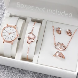 5PCS/Set Fashion Women Watches Rhinestone Heart Jewelry Set Female Small Dial Casual Leather Band Quartz Watch（Without Box）