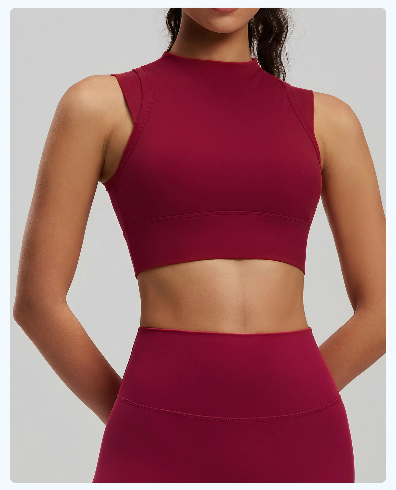Damen-Yoga-Tanktop, hochelastisch, sportlicher BH mit leicht hohem Ausschnitt und integrierten Cups, hebt und formt den Busen, sexy Fitness – Detail 17