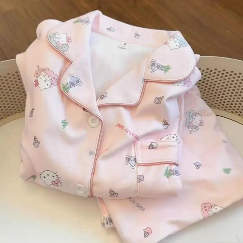 

Hello Kitty, супер милая розовая пижама с котом, женская осенне-зимняя красивая домашняя одежда для девочек, женский комплект из 2 предметов Sanrio, комплекты одежды