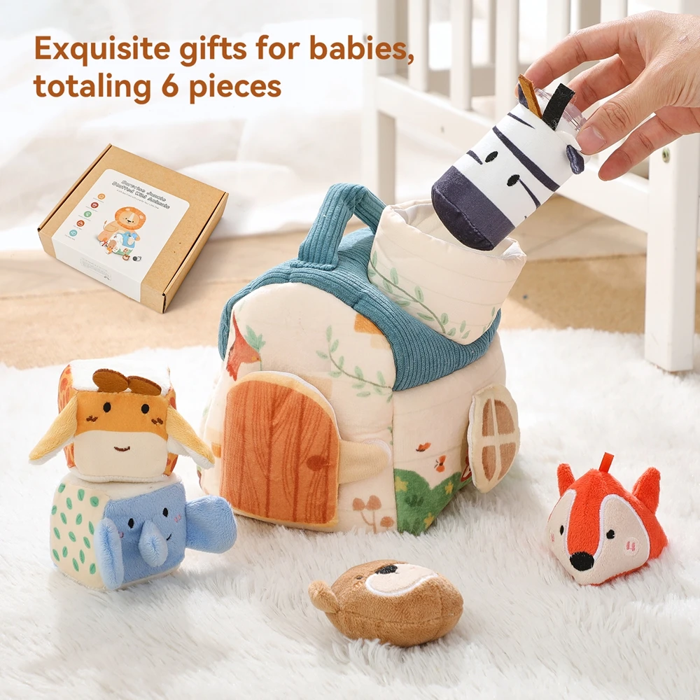 ベビーモンテッソーリおもちゃ　漫画風動物柄コットンマジックボックス　指の動きを練習する感覚認知玩具　音とミラー機能付き