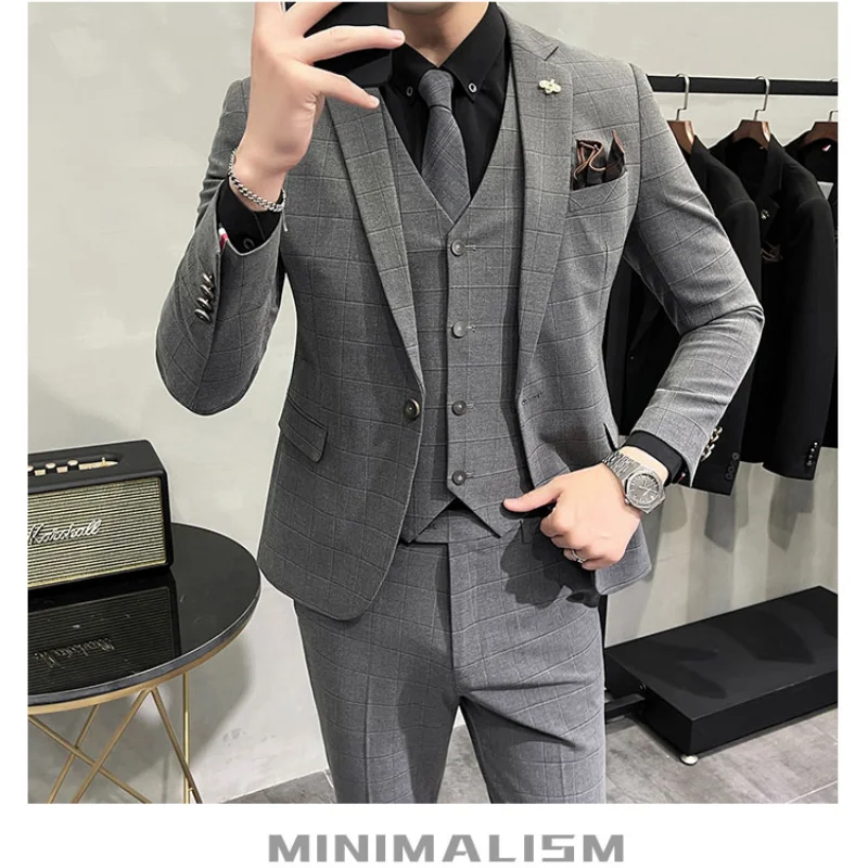 (Blazer+Pants+Vest) Luxury Men Suit 3 Piece Set Fashion Boutique Lattice Groom Wedding Dress Men's Tuxedo Suit