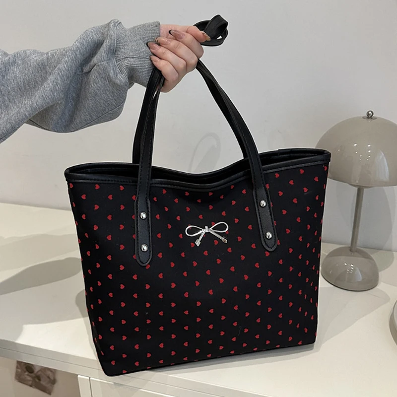 Wave Point Bow New Fashionable Printed One Shoulder Handheld Underarm Tote Bag