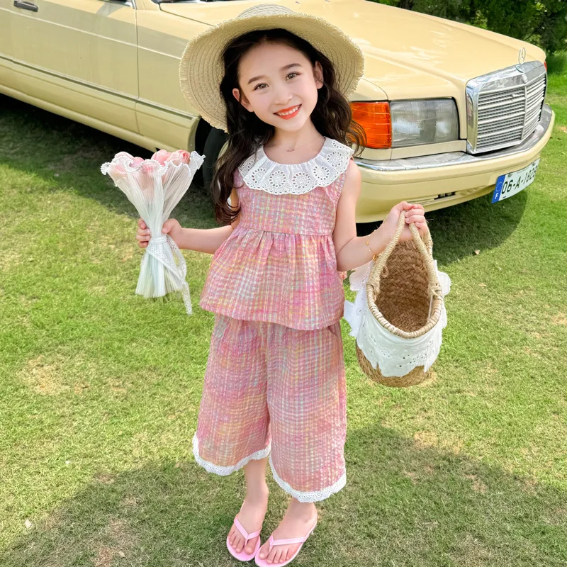 

Two Piece Set Children's Summer Fashion Checkered Sleeveless Children's Lace Doll Shirt Baby Sweet Lace Suit