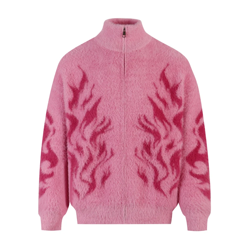 

Vintage Totem Flame Jacquard Knitt Zipper Sweater Men Women High Quality Winter Pink Black Keep Warm Trendy Sweaters Coat