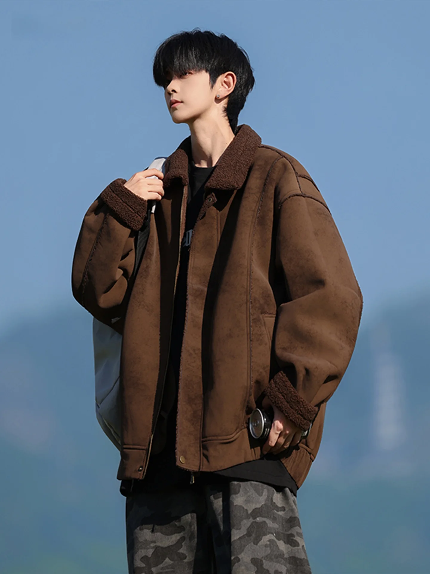 

American Sle Men's Winter Thiened Fce Lined Loose Casual Warm Cotton Jaet Leather And Fur Inteated Coffee Color