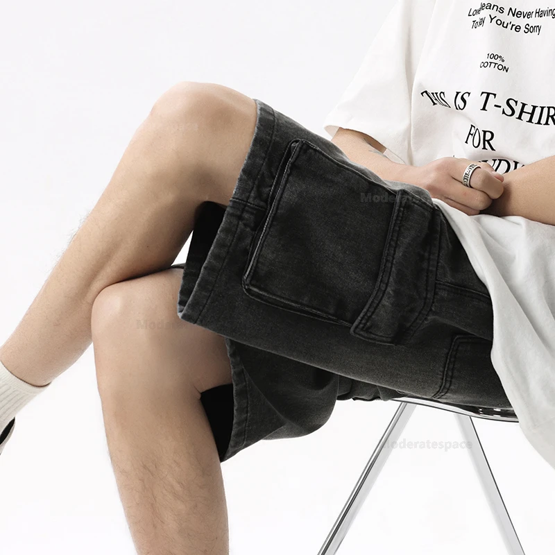 Summer Cargo Jeans Men Pockets Denim Shorts Elastic Waist Loose Straight High Street Wide Knee-length Short Pants