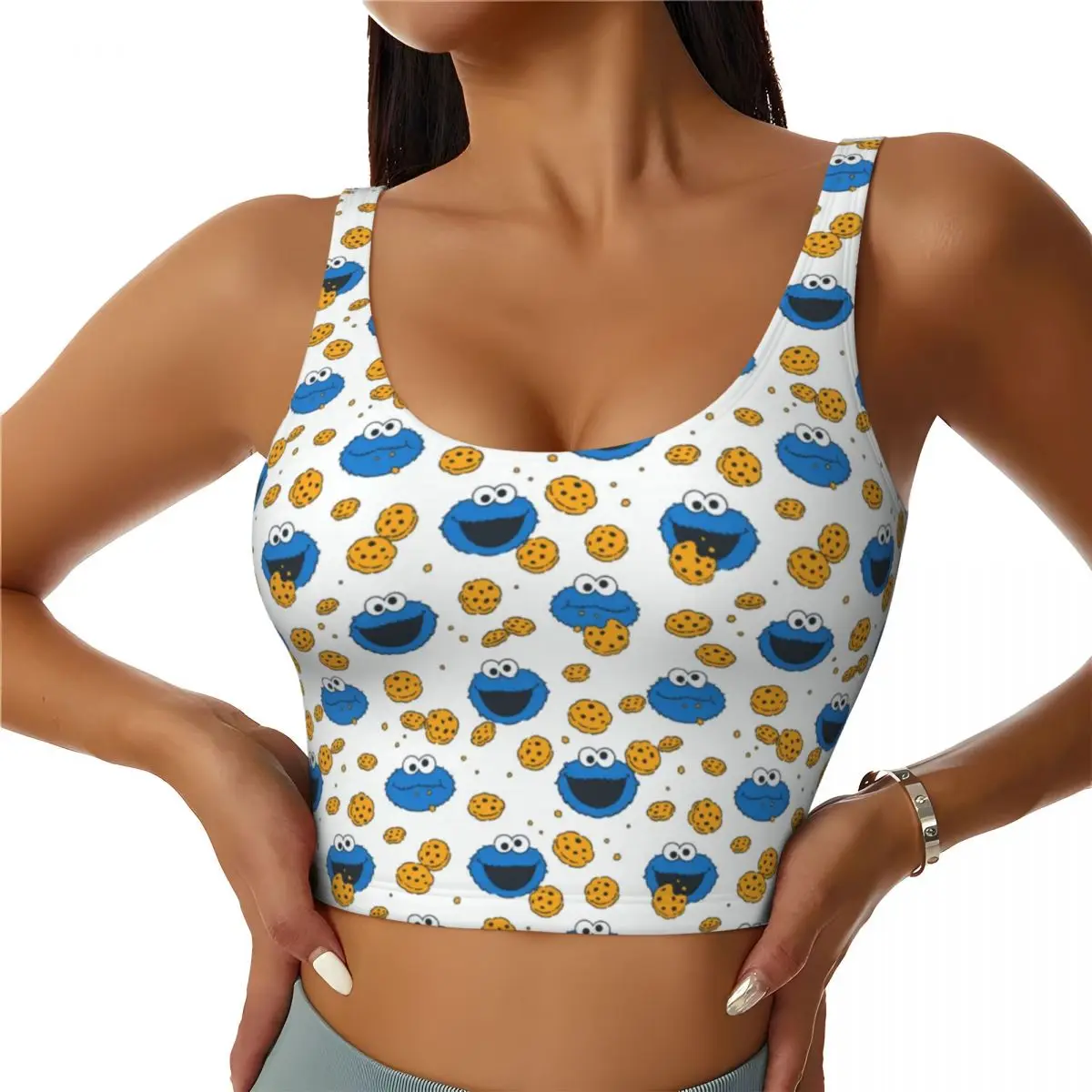 Custom Women Cookie Monster Sports Bra Cartoon Sesame Street High Impact Gym Workout Running Crop Tank Tops